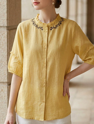 Yellow linen summer blouse for women with ruffle details, lightweight top perfect for warm weather and casual stylish outfits.