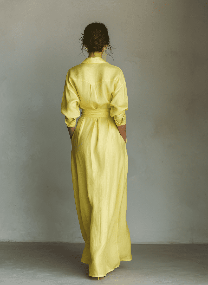 Yellow linen maxi dress for women by Tammy Bradley, flowing sleeveless dress with a relaxed fit and elegant length.