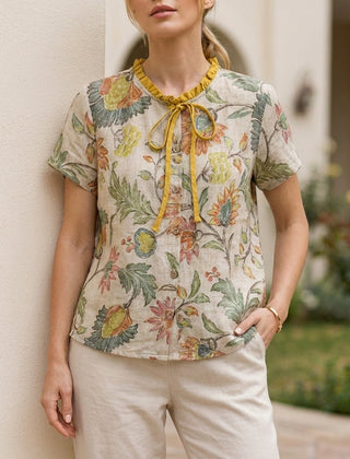 Yellow floral summer blouse for women with short sleeves, stylish top from My Store, perfect for warm weather.