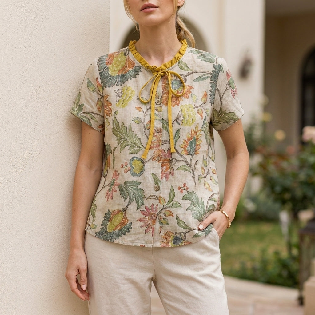 Yellow floral summer blouse for women with short sleeves, stylish top from My Store, perfect for warm weather.