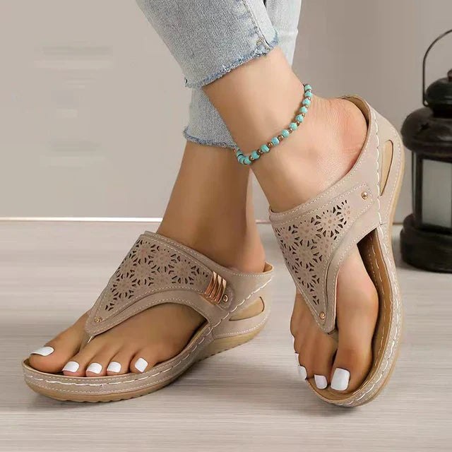 Laser-cut thong wedge sandals for women by Tammy Bradley, featuring orthopedic support and slip-resistant soles.