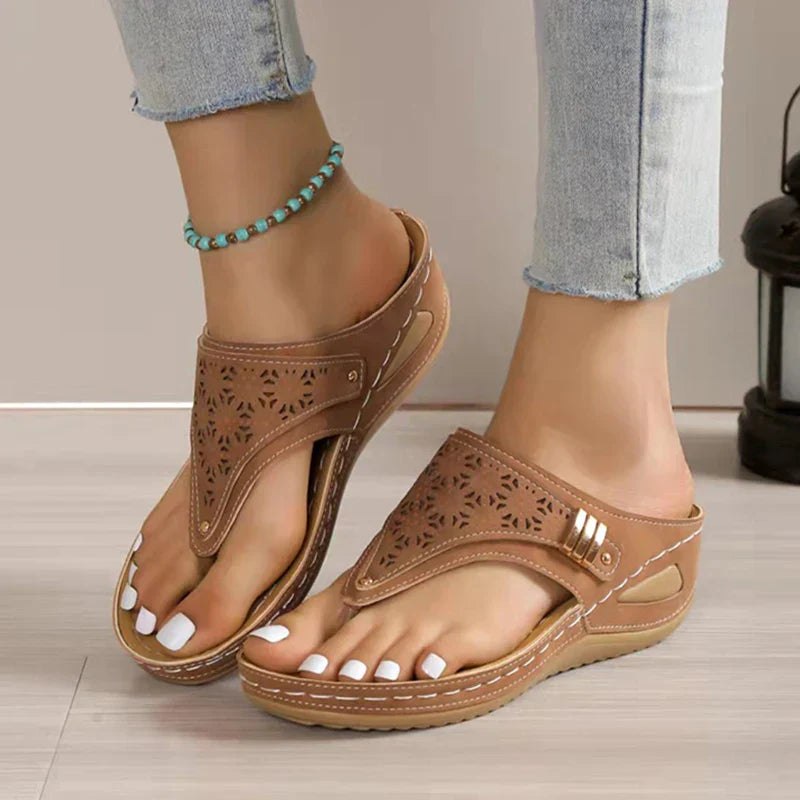 Tammy Bradley laser-cut thong wedge sandals for women featuring orthopedic support, soft PU leather, and anti-slip soles.