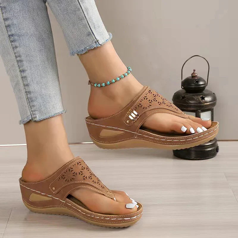 Laser-cut thong wedge sandals for women by Tammy Bradley, featuring orthopedic support, soft leather, and anti-slip soles.