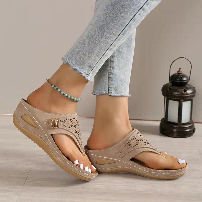 Laser-cut thong wedge sandals for women by Tammy Bradley featuring orthopedic support, soft PU leather, and anti-slip soles.