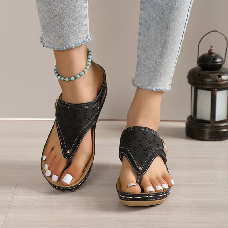 Laser-cut thong wedge sandals for women by Tammy Bradley, featuring orthopedic support, soft sole, and slip-resistant design.