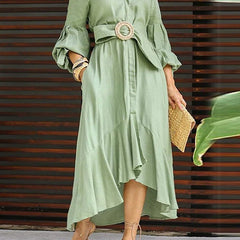 White high-low puff sleeve pleated maxi dress with lapel collar, stylish and elegant design by My Store.