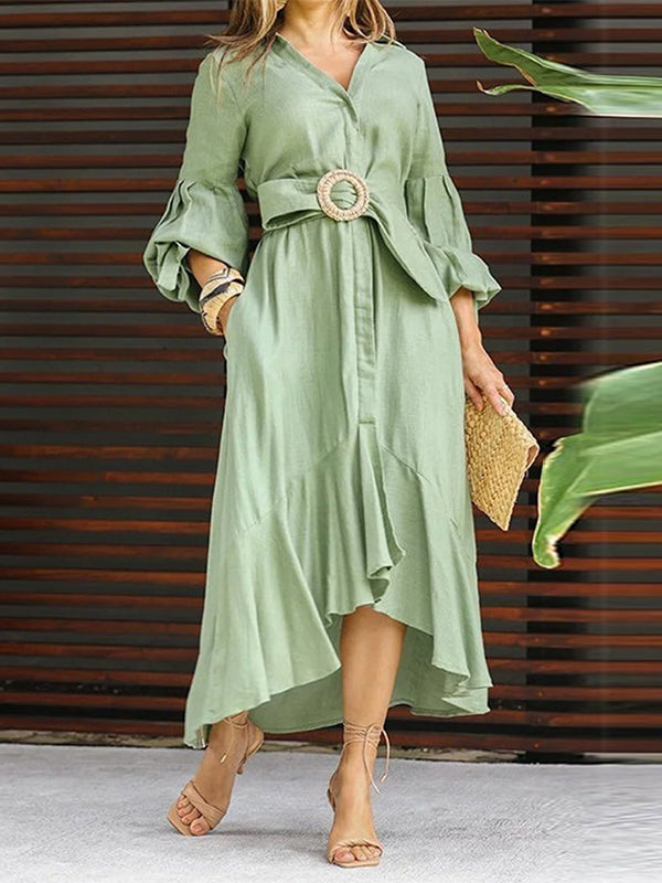 White high-low puff sleeve pleated maxi dress with lapel collar, stylish and elegant design by My Store.