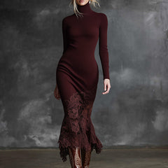 Burgundy lace maxi dress for evening wear, featuring intricate lace details and a flowing silhouette, by My Store.