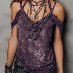 Purple boho tie-dye strappy cami top for women, short sleeve bohemian T-shirt with vibrant tie-dye pattern.
