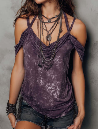 Purple boho tie-dye strappy cami top for women, short sleeve bohemian T-shirt with vibrant tie-dye pattern.