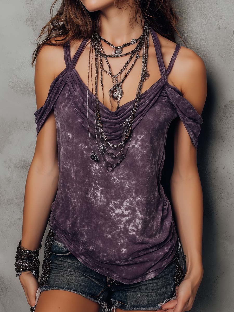 Purple boho tie-dye strappy cami top for women, short sleeve bohemian T-shirt with vibrant tie-dye pattern.