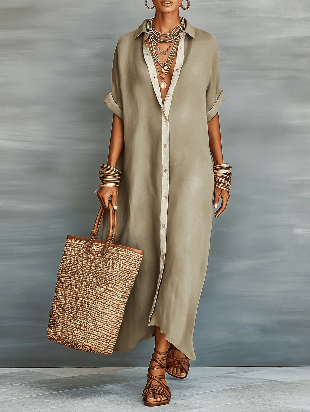 Light beige Tammy Bradley linen maxi dress for women, flowing design with sleeveless style and ankle-length silhouette.