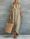 Light beige Tammy Bradley linen maxi dress for women, flowing design with sleeveless style and ankle-length silhouette.