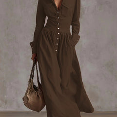 High waisted long sleeve maxi dress with pleated pockets and split-joint lapel in solid color, from My Store.