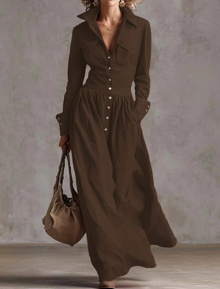 High waisted long sleeve maxi dress with pleated pockets and split-joint lapel in solid color, from My Store.