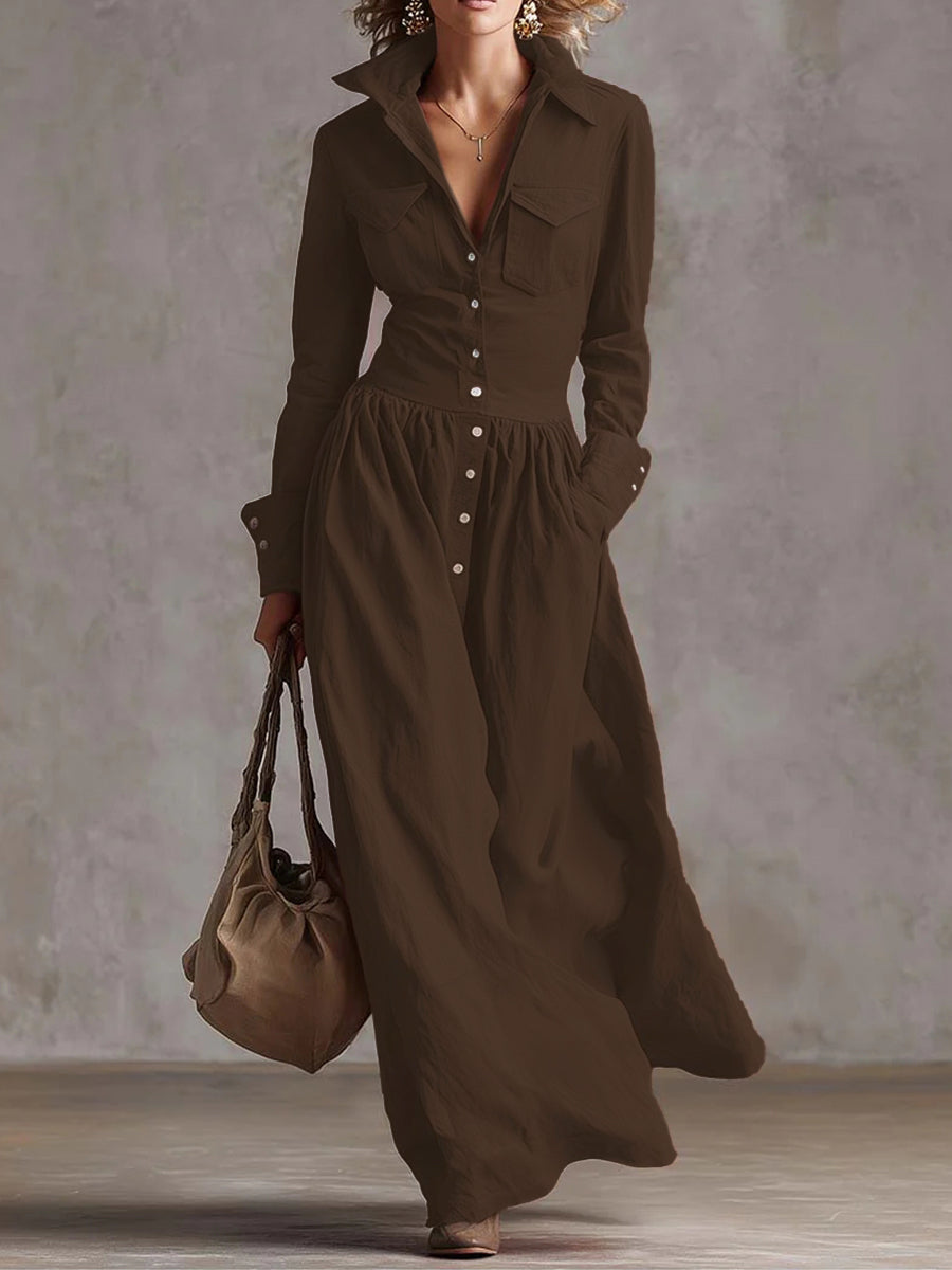 High waisted long sleeve maxi dress with pleated pockets and split-joint lapel in solid color, from My Store.