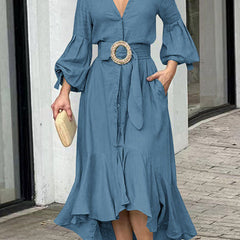 White high-low puff sleeve pleated maxi dress with lapel collar, featuring solid color design and elegant flowy silhouette.