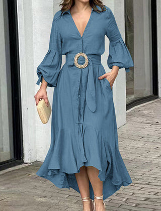 White high-low puff sleeve pleated maxi dress with lapel collar, featuring solid color design and elegant flowy silhouette.