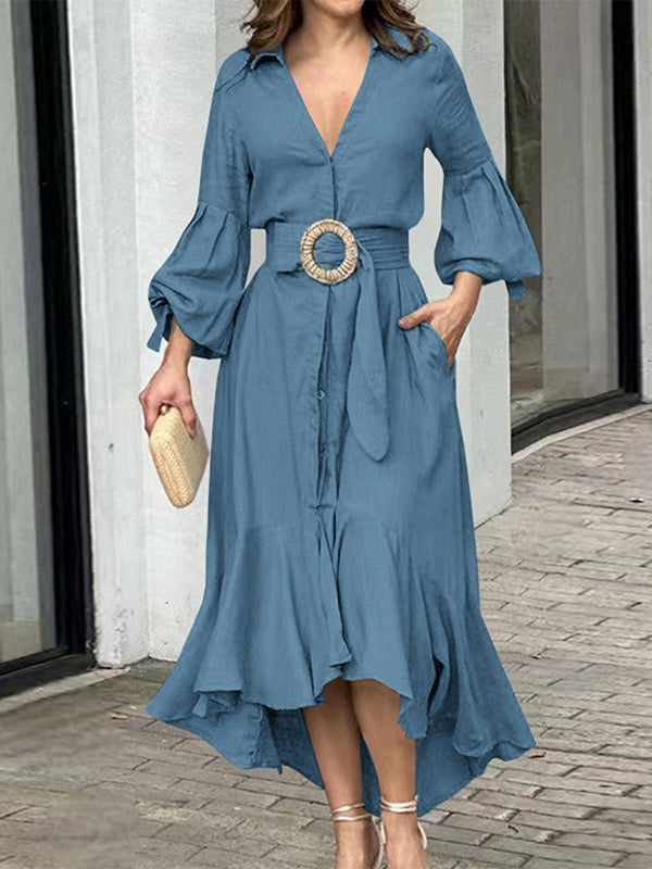 White high-low puff sleeve pleated maxi dress with lapel collar, featuring solid color design and elegant flowy silhouette.