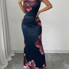 White bodycon sleeveless maxi dress with contrast color flower print and round neckline, stylish and elegant for summer.
