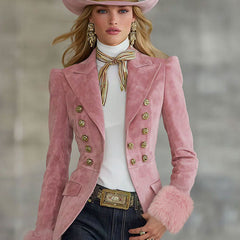 Pink faux suede and fur blazer with multi-button lapel, stylish jacket from My Store, featuring a soft texture and tailored fit.