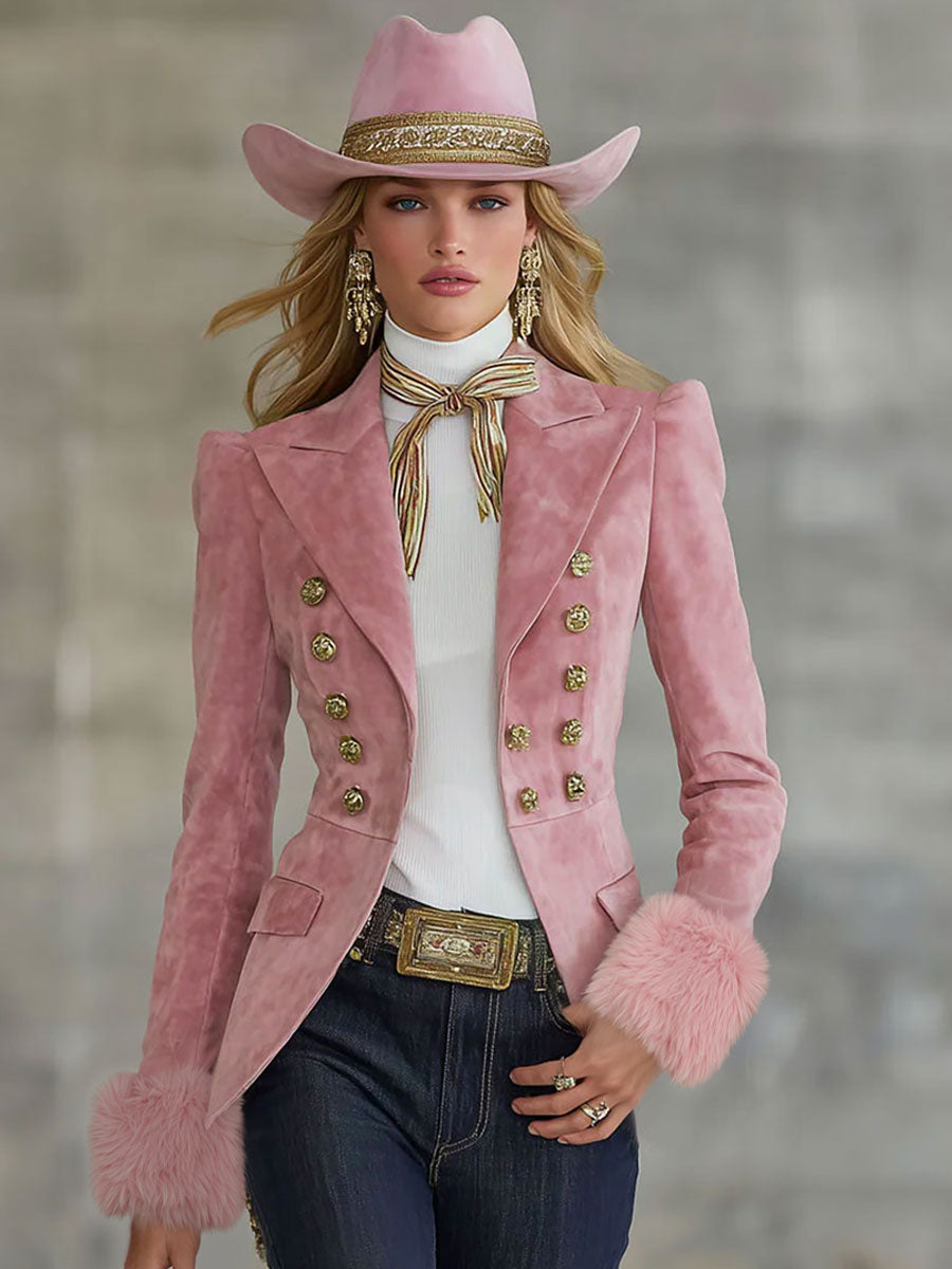 Pink faux suede and fur blazer with multi-button lapel, stylish jacket from My Store, featuring a soft texture and tailored fit.