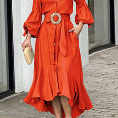 White maxi dress with high-low puff sleeves, pleated design, and lapel collar from My Store, perfect for elegant occasions.