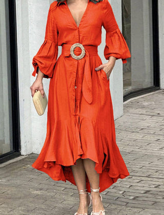 White maxi dress with high-low puff sleeves, pleated design, and lapel collar from My Store, perfect for elegant occasions.