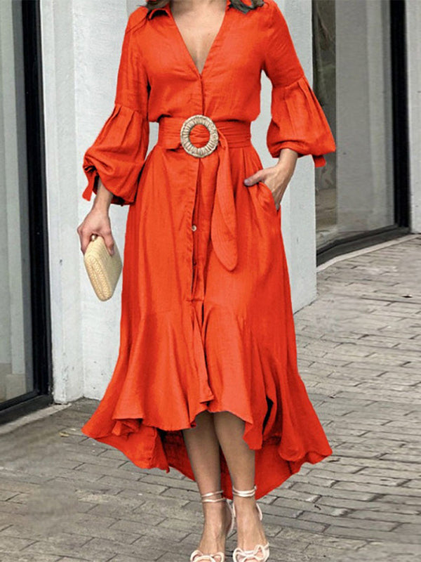 White maxi dress with high-low puff sleeves, pleated design, and lapel collar from My Store, perfect for elegant occasions.