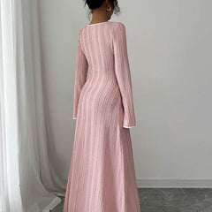 White A-line bodycon ribbed knit maxi dress with split-joint square neckline, stylish and fitted from My Store.