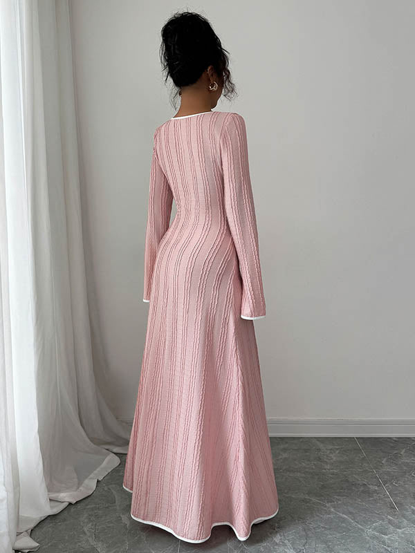 White A-line bodycon ribbed knit maxi dress with split-joint square neckline, stylish and fitted from My Store.