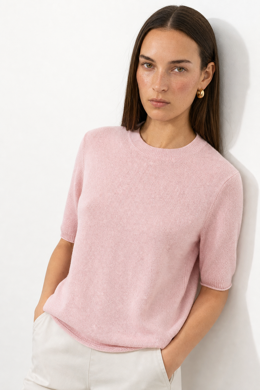 Seamless Knit Pullover Women Wool Blend Relaxed Fit Short Sleeve