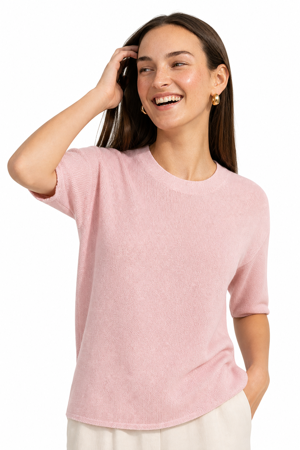 Seamless Knit Pullover Women Wool Blend Relaxed Fit Short Sleeve