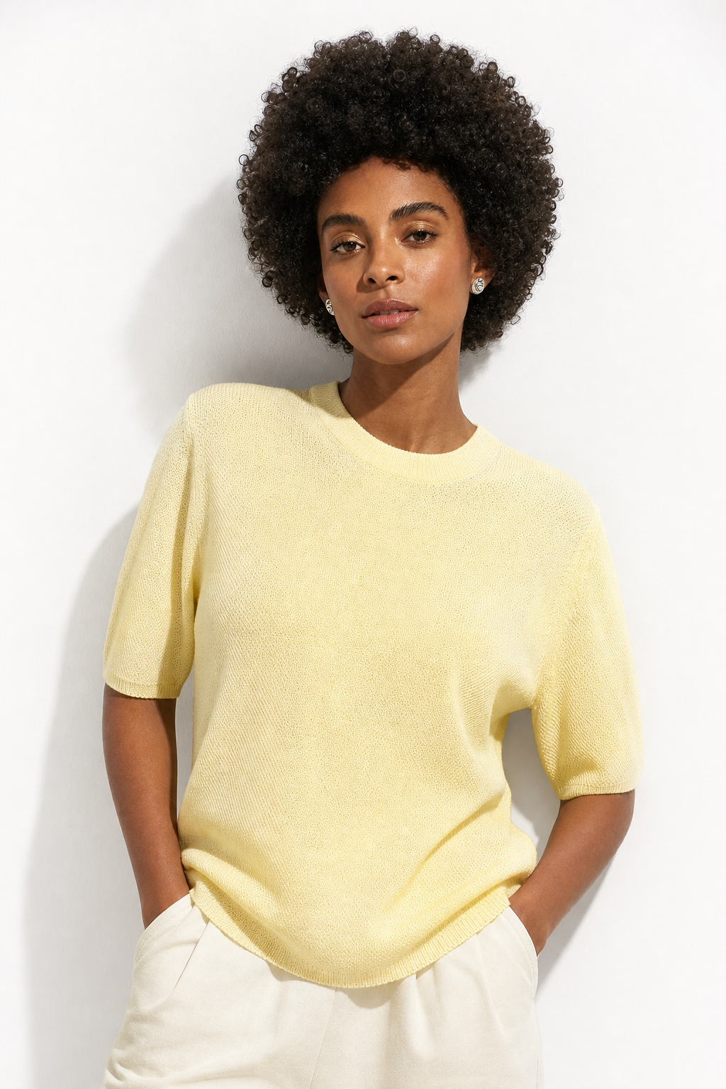 Seamless Knit Pullover Women Wool Blend Relaxed Fit Short Sleeve
