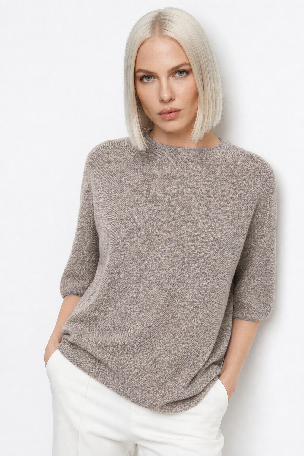 Seamless Knit Pullover Women Wool Blend Relaxed Fit Short Sleeve