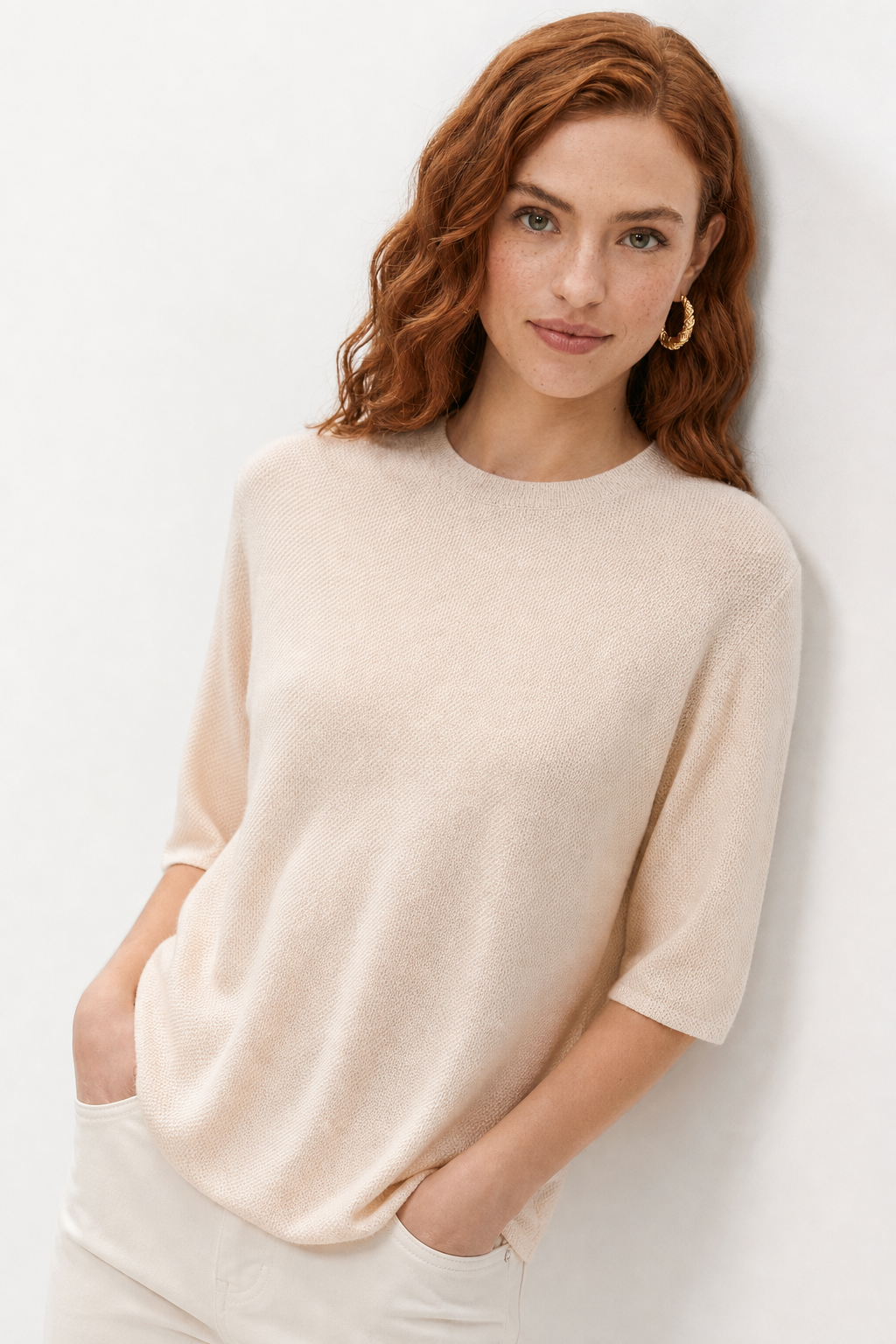 Seamless Knit Pullover Women Wool Blend Relaxed Fit Short Sleeve