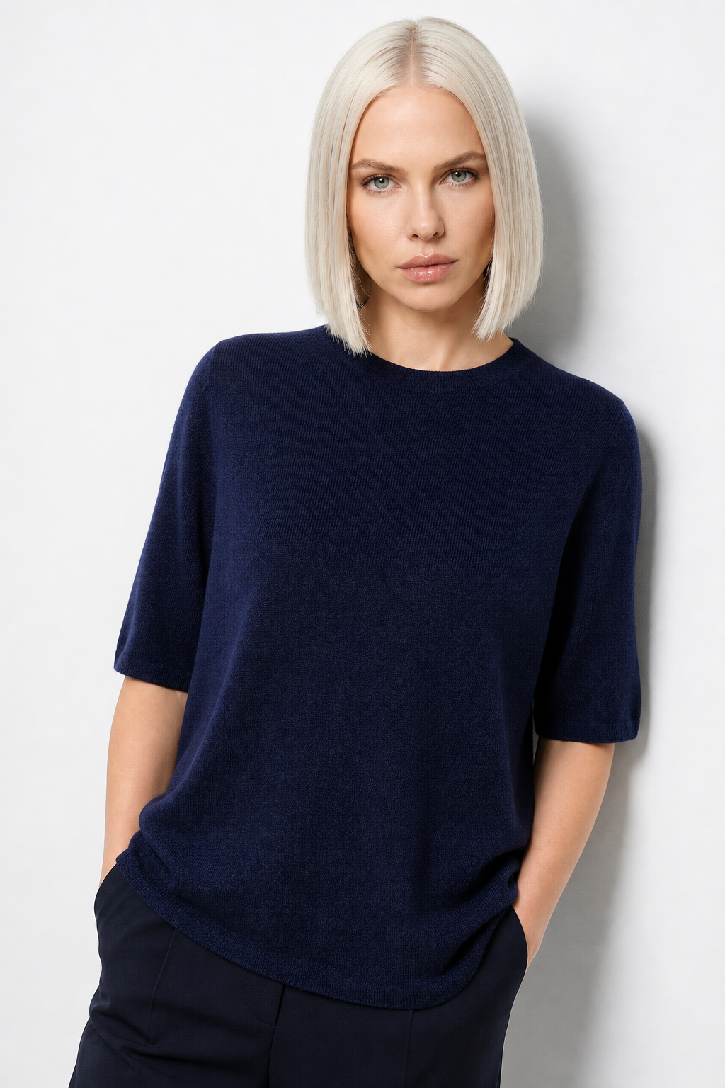 Seamless Knit Pullover Women Wool Blend Relaxed Fit Short Sleeve