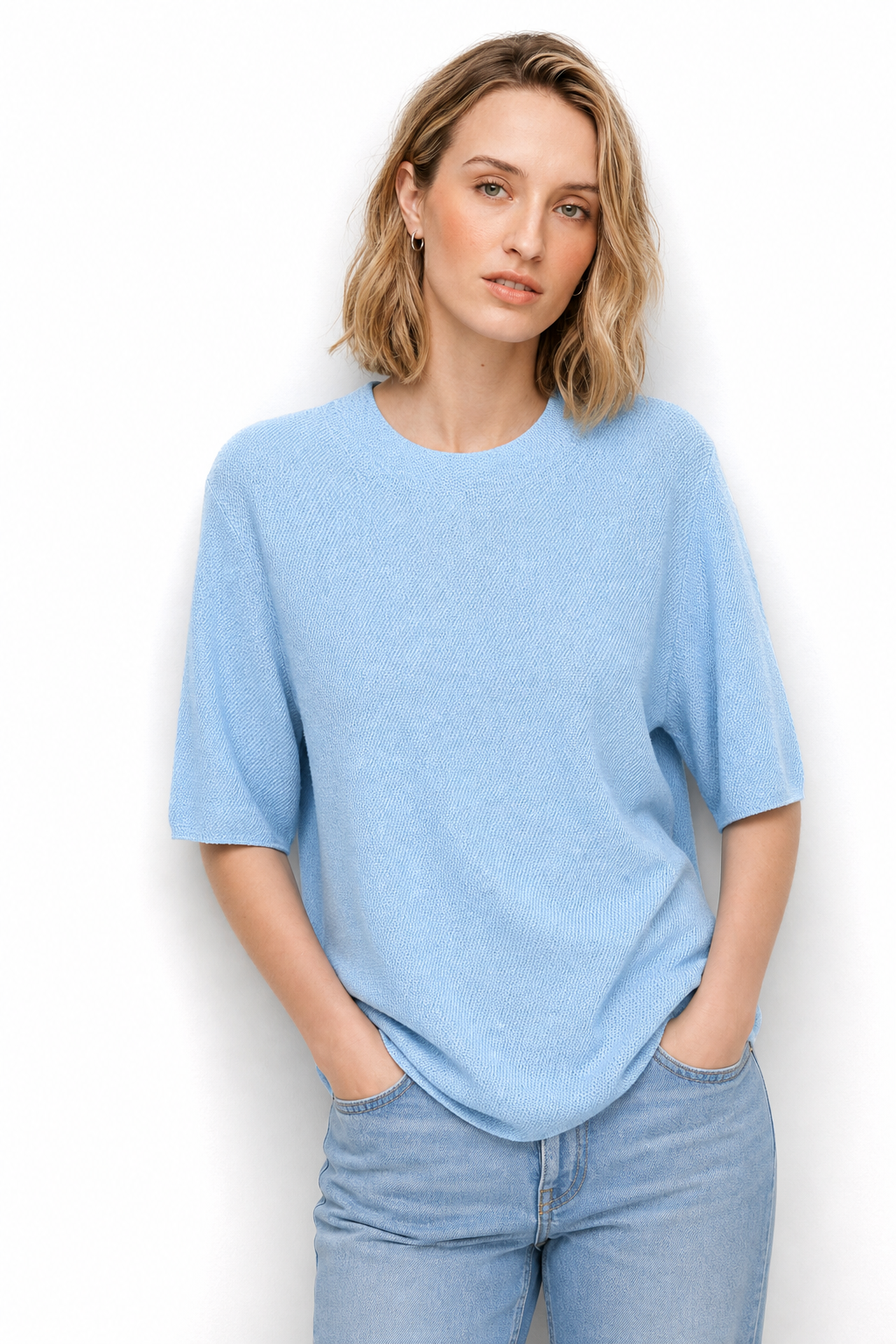 Seamless Knit Pullover Women Wool Blend Relaxed Fit Short Sleeve