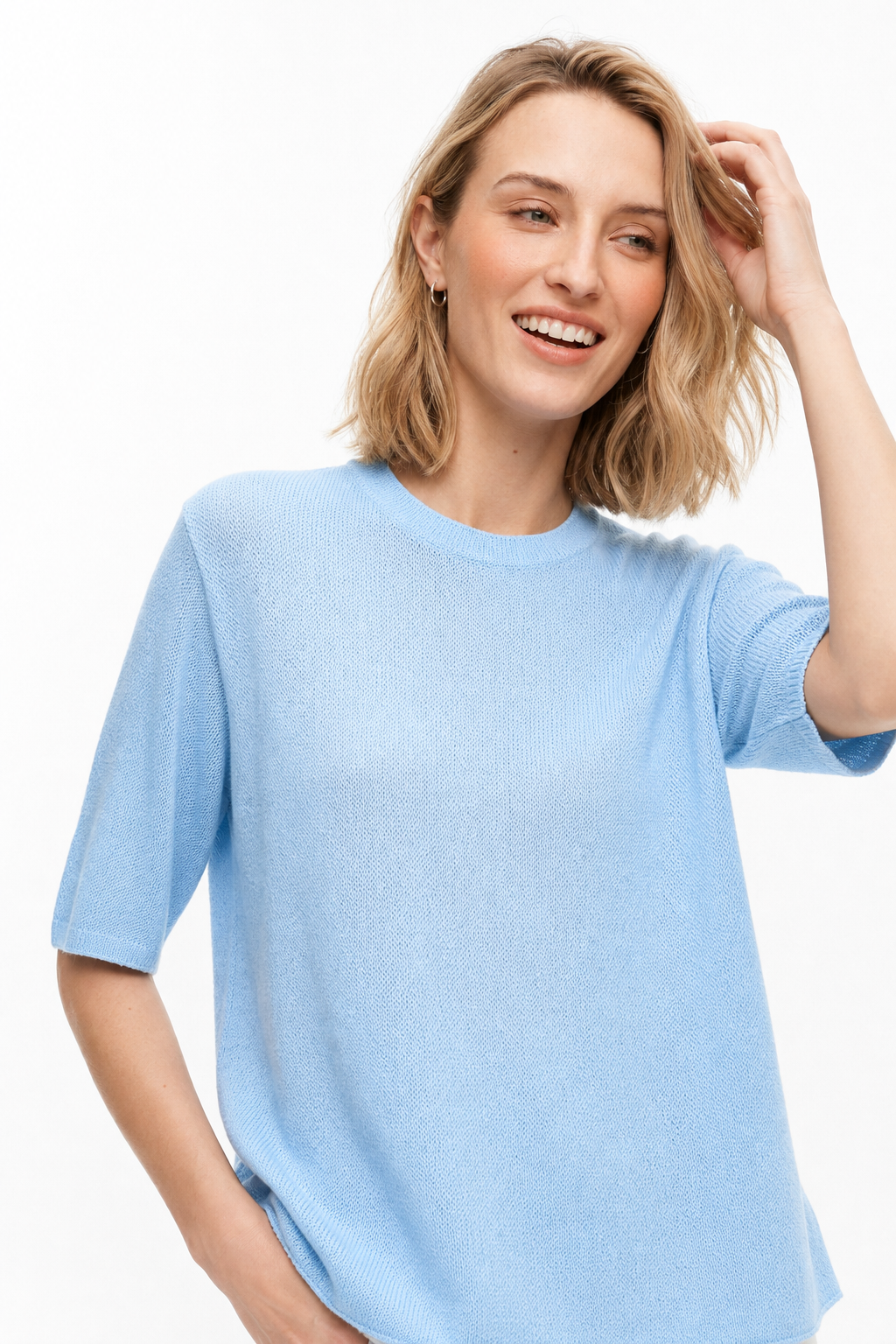 Seamless Knit Pullover Women Wool Blend Relaxed Fit Short Sleeve