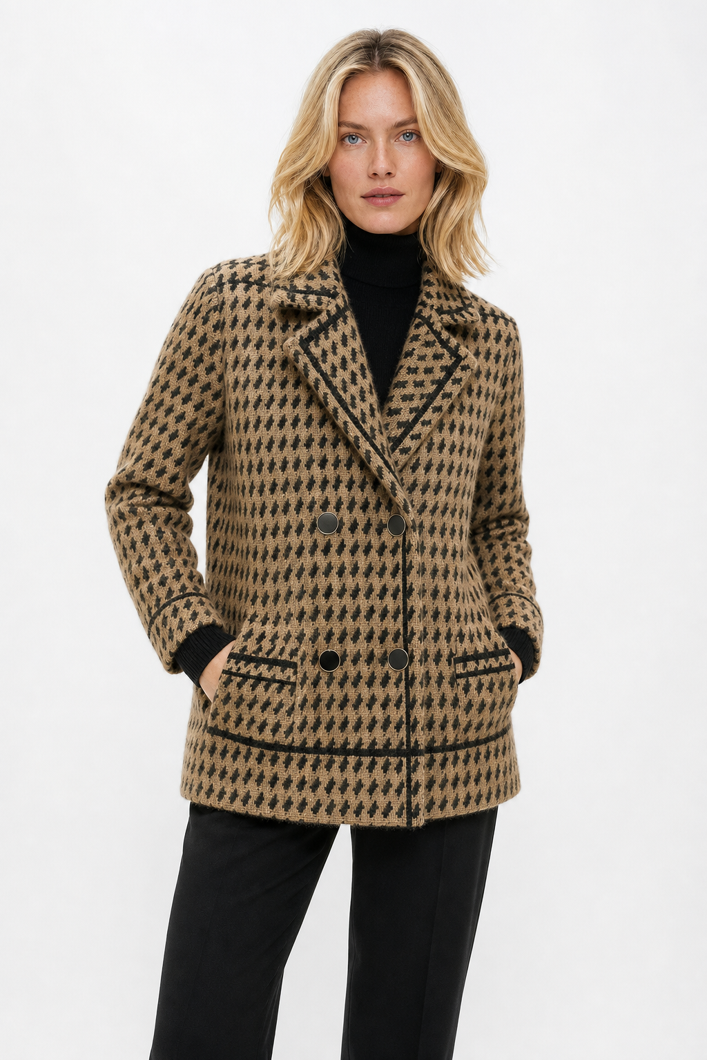 Houndstooth Knit Jacket Women Cropped Double Breasted