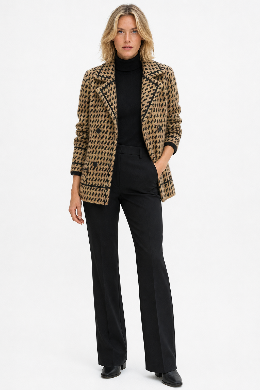 Houndstooth Knit Jacket Women Cropped Double Breasted