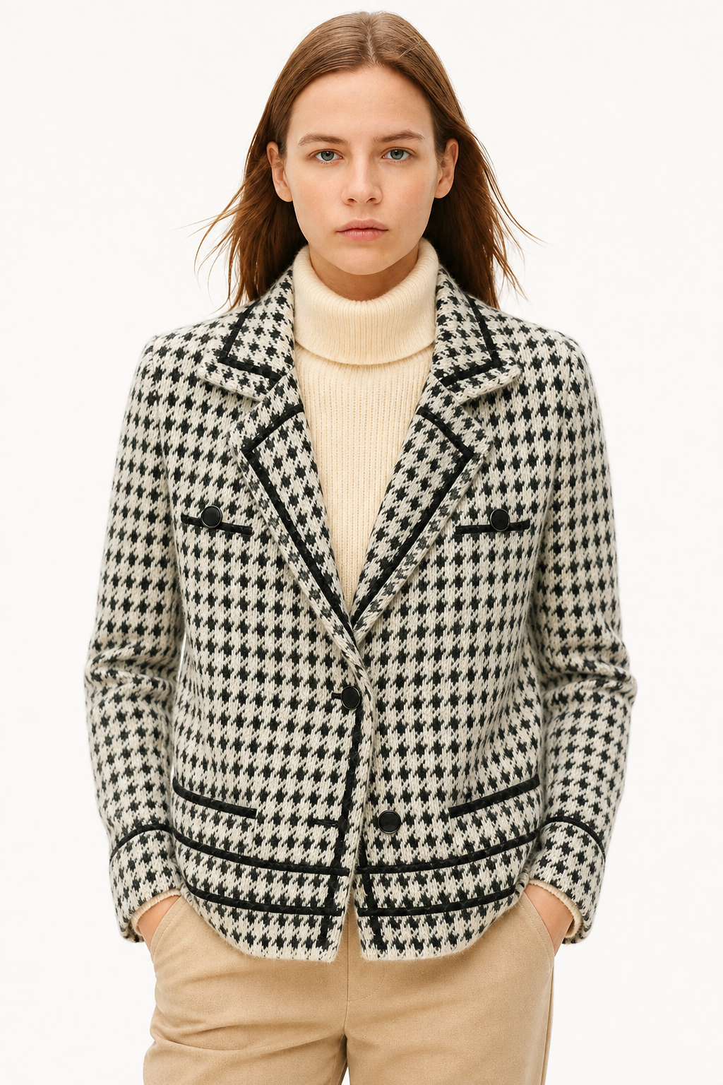 Houndstooth Knit Jacket Women Cropped Double Breasted