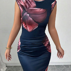 White sleeveless bodycon maxi dress with contrast color flower print and round neckline, stylish women's dress by My Store