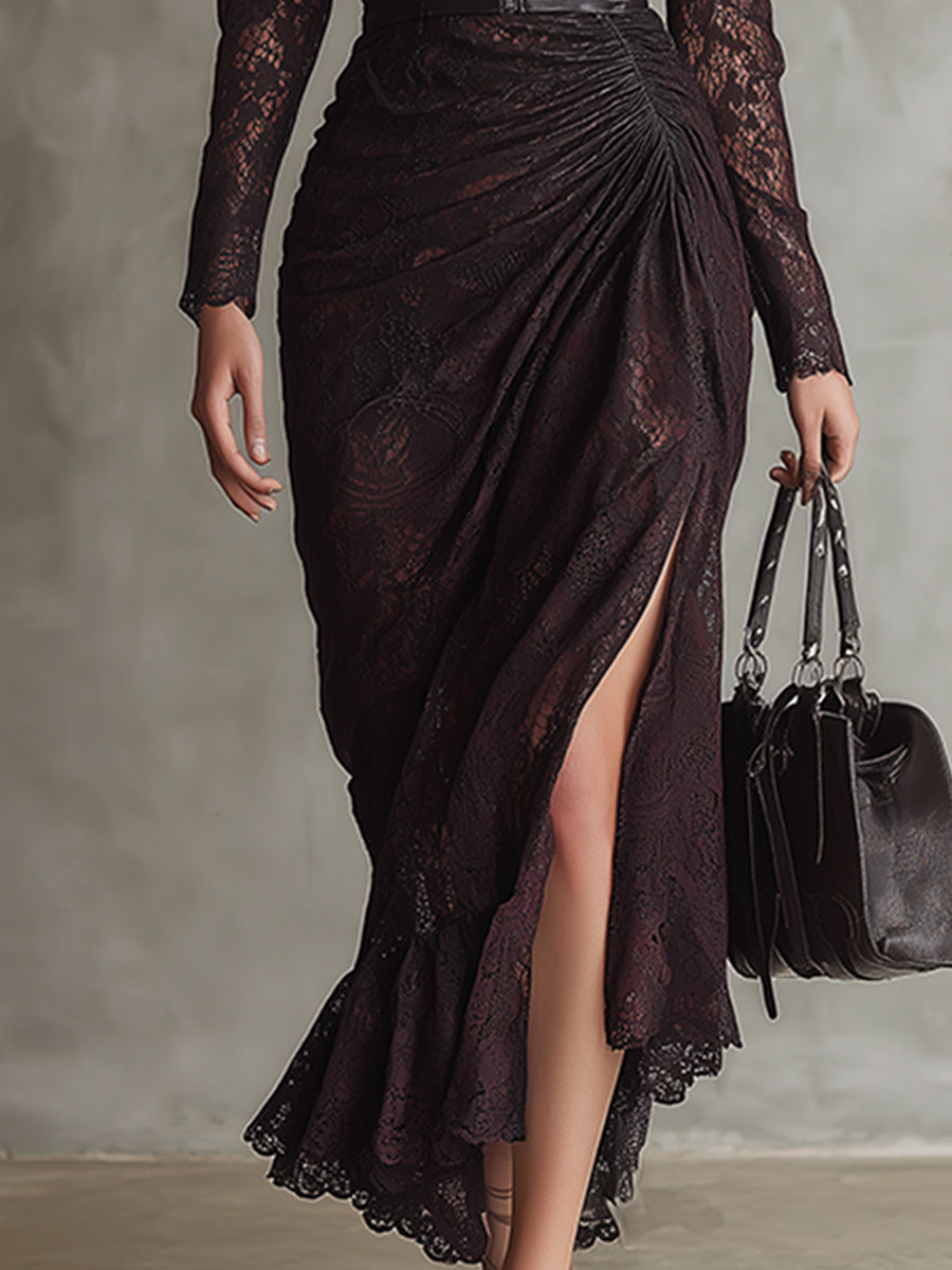 Red faux leather maxi dress from My Store, elegant evening dress with a flowing silhouette and stylish design.