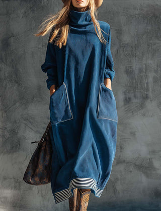 Blue corduroy midi dress by My Store featuring a casual, relaxed fit and classic design with long sleeves and a round neckline.