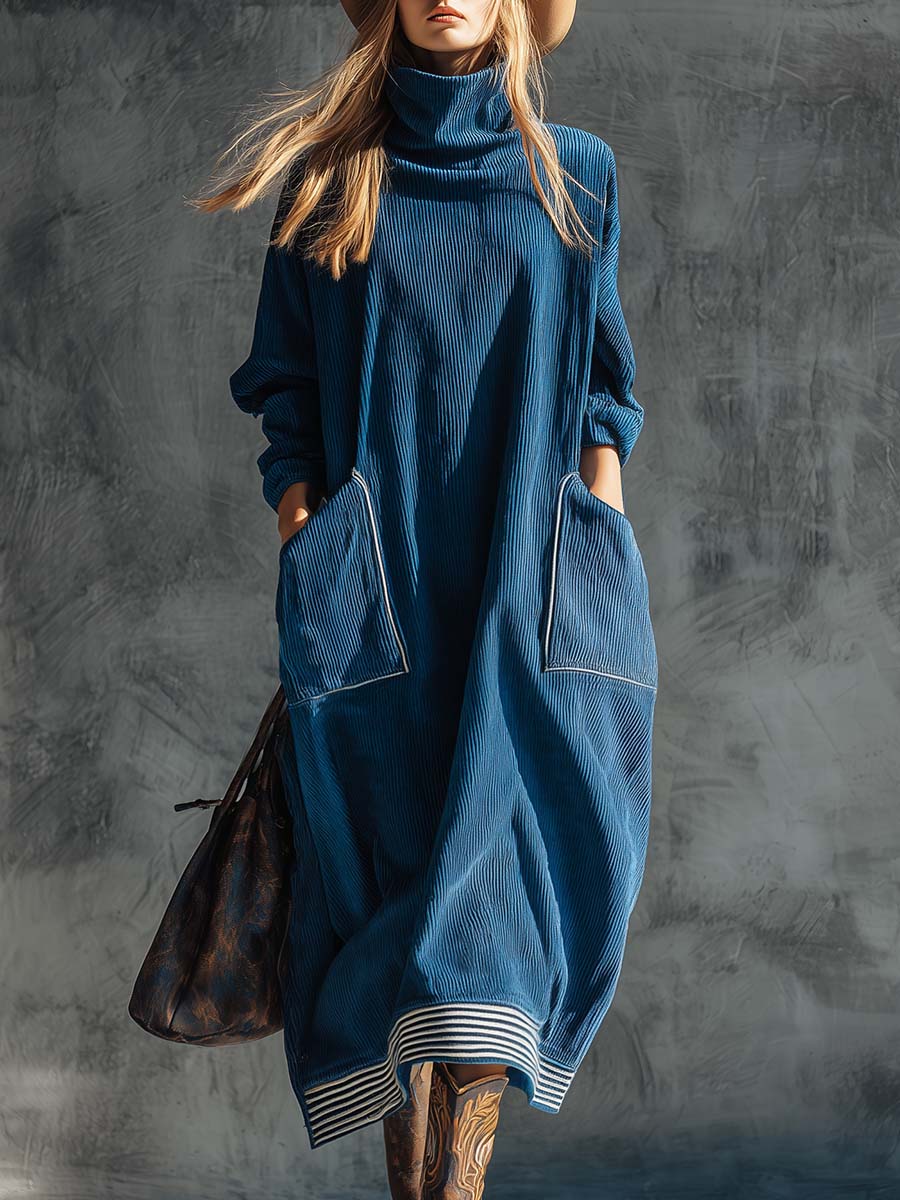 Blue corduroy midi dress by My Store featuring a casual, relaxed fit and classic design with long sleeves and a round neckline.