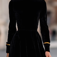 Elegant velvet midi dress with gold trim, stylish and sophisticated, featuring a fitted silhouette and luxurious fabric.