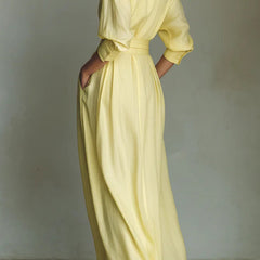 Solid color lapel long sleeve maxi dress with pockets and waist-cinching design, casual style from My Store.