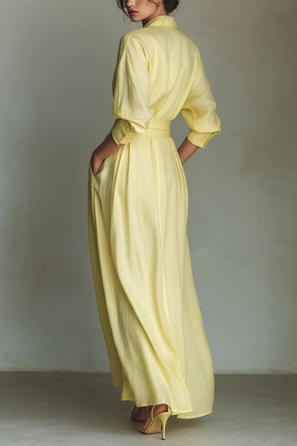 Solid color lapel long sleeve maxi dress with pockets and waist-cinching design, casual style from My Store.