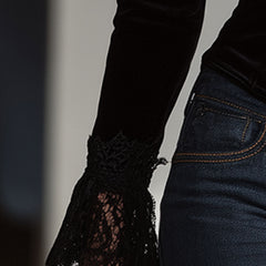 Black velvet lace long sleeve blouse for women, stylish and elegant, featuring intricate lace details and a fitted design.